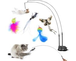 Interactief kattenspeelgoed, kattenspeelgoed, interactief kattenspel met zuignap en veren, hengel, kat, toverstaf met kattenklokken voor het trainen van katten en kittens (B)