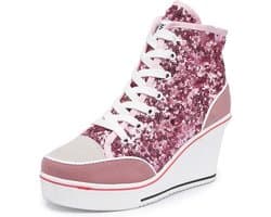 Wighak voor dames, lage sportschoenen, fitness, sleehak, schoenen met wighak, lage turnschoenen, sport, fitness, sneakers met sleehak