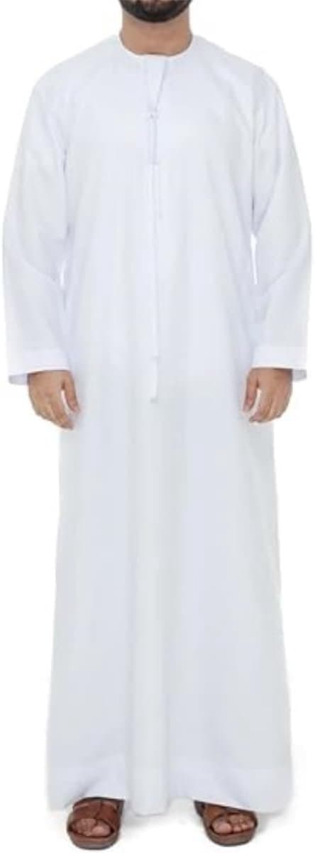 thobe voor mannen, witte moslim Kandura met ronde hals, traditionele Arabische Dishdasha lange mouwen, handgenaaide etnische kleding uit het Midden-Oosten voor Ramadan — afbeelding 1