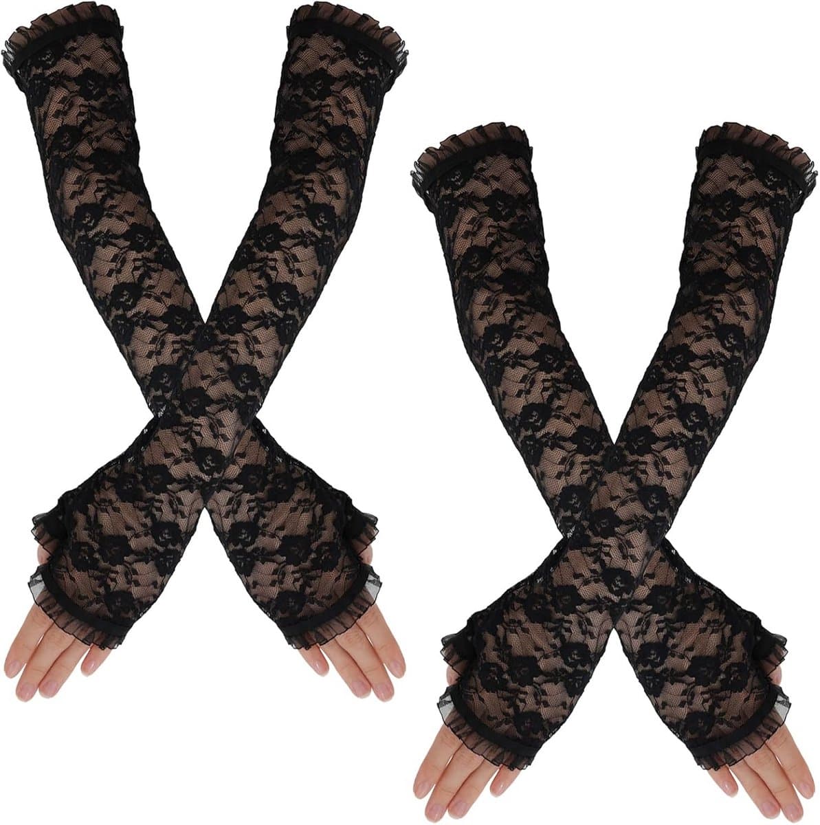 2 Paar Lange Zwarte Kant Vingerloze Armwarmers voor Dames - Gothic Punk Accessoire — afbeelding 1