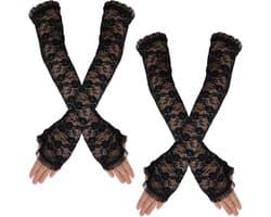 2 Paar Lange Zwarte Kant Vingerloze Armwarmers voor Dames - Gothic Punk Accessoire