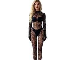 Luipaard Visnet Bodystocking Dames – Lingerie Body met Lange Mouwen – Transparante Catsuit – Zwart – One Size ca. EU XS-M