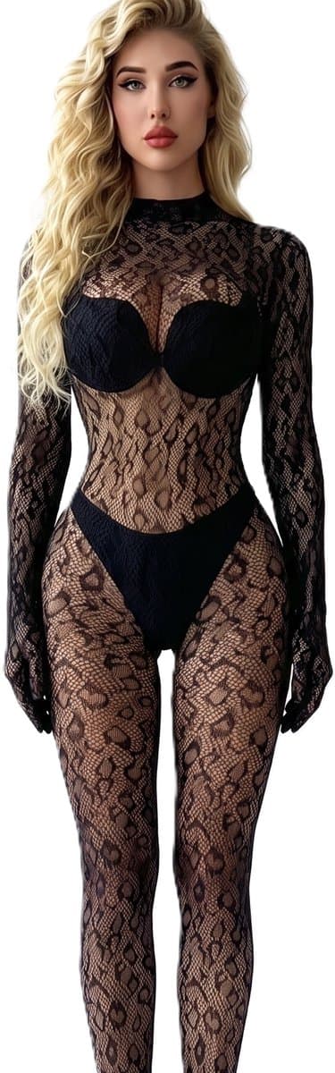 Luipaard Visnet Bodystocking Dames – Lingerie Body met Lange Mouwen – Transparante Catsuit – Zwart – One Size ca. EU XS-M — afbeelding 1