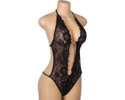 Sexy Lingerie - Erotische Zwarte Glamour Body Kant met Decolleté - Stras steentjes - Open Kruis - Sexy Teddy - Erotiek - Valentijnsdag - Kleur Zwart - Maat L