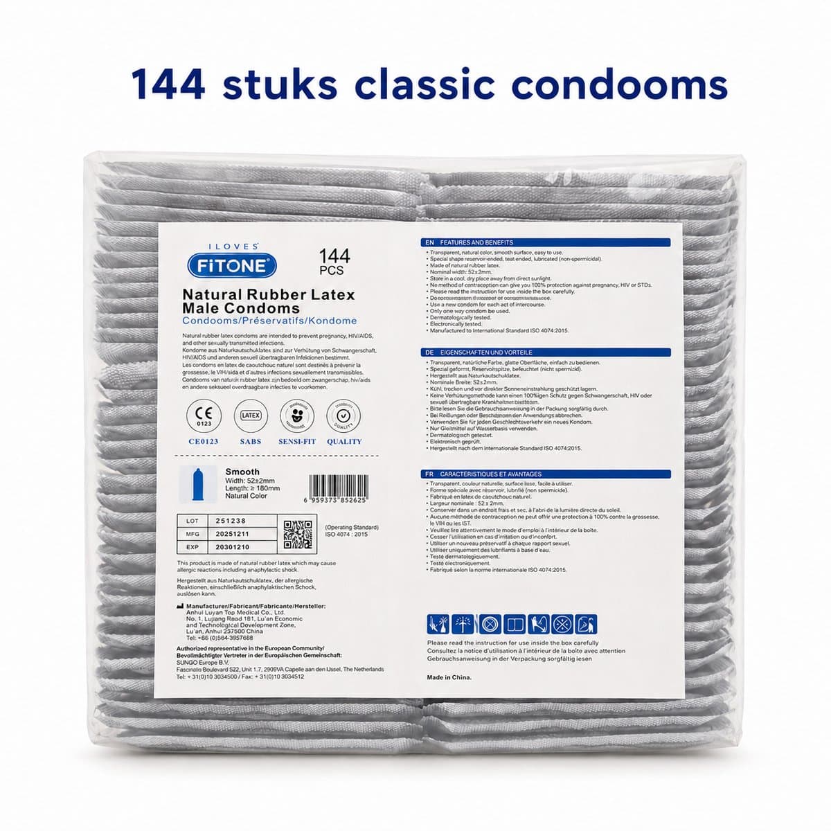 condooms 144 stuks – condooms naturel – condooms met glijmiddel – condooms 52mm – condooms grootverpakking – FiTONE — afbeelding 1