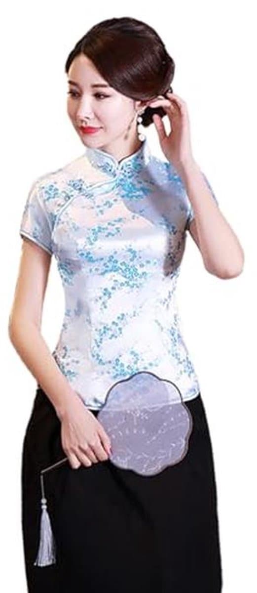 Etnisch Cheongsam Damesshirt met Korte Mouwen en Pruimenprint — afbeelding 1
