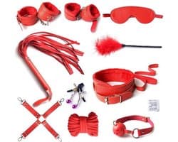 LOUZIR Bondageset | BDSM set | Bondage set | BDSM Toy set 10 delig | Luxe Sex Speeltjes Kit Met Tepelklemmen, halsband, handboeien, enkelboeien, bondage touw, masker en zweep & gag ball, bondageset ROOD