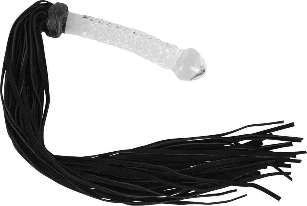 Bad Kitty – 64 cm Suède Flogger Zweep met Glazen Plug als Handvat - Zwart — afbeelding 1