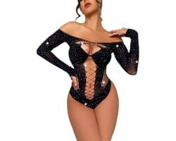Erotische Body Met Kristallen I Erotische Fishnet Lingerie I Sexy Kanten Body I Erotische Body I Gesloten Kruis I One Size S-L I Zwart