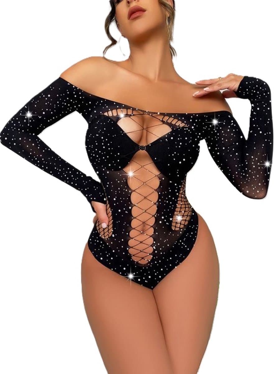 Erotische Body Met Kristallen I Erotische Fishnet Lingerie I Sexy Kanten Body I Erotische Body I Gesloten Kruis I One Size S-L I Zwart — afbeelding 1