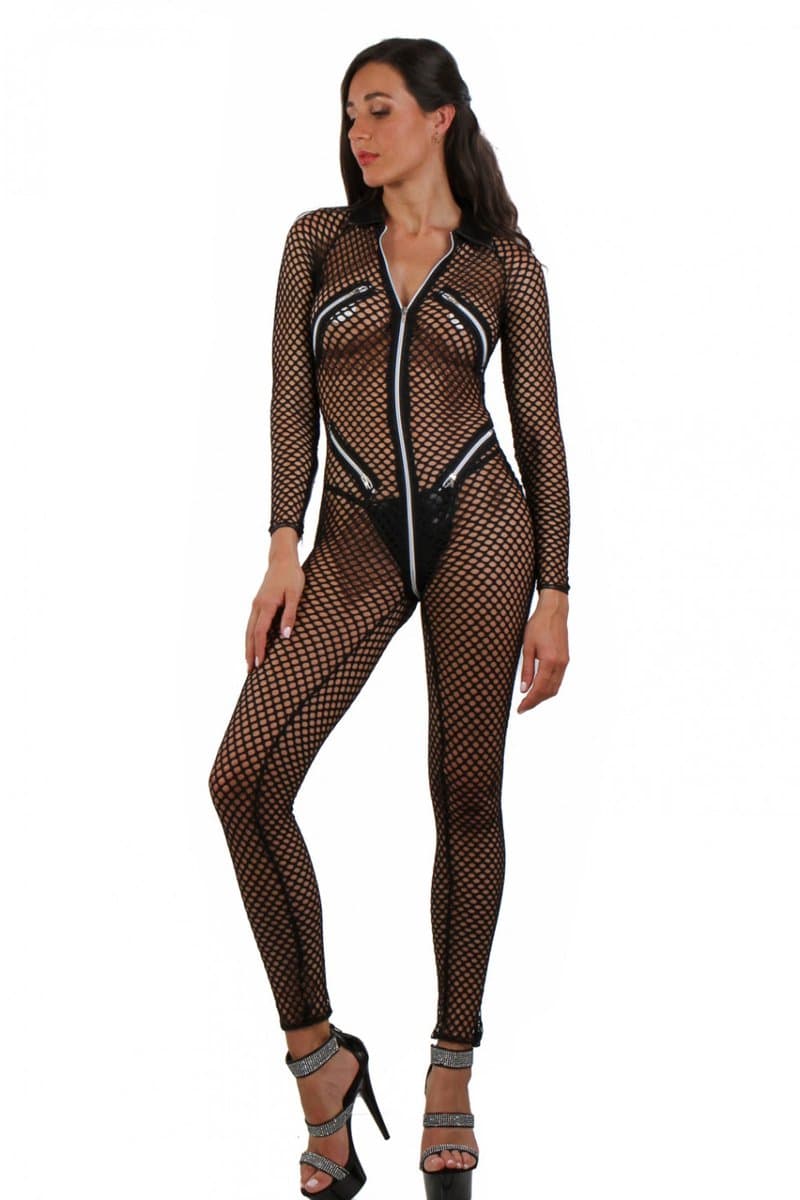 Fishnet catsuit, zwart met ritsen S/M — afbeelding 1