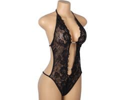 Sexy Lingerie - Erotische Zwarte Glamour Body Kant met Decolleté - Stras steentjes - Open Kruis - Sexy Teddy - Erotiek - Valentijnsdag - Kleur Zwart - Maat XS-S