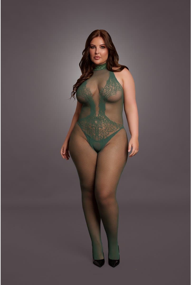 Le Désir by Shots Sexy Visnet en Kant Bodystocking - Koningin Maat - Groen — afbeelding 1
