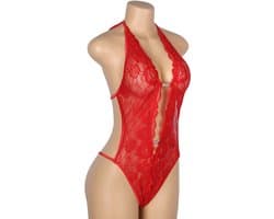 Sexy Lingerie - Erotische Rode Glamour Body Kant met Decolleté - Stras steentjes - Open Kruis - Sexy Teddy - Erotiek - Valentijnsdag - Kleur Rood - Maat M