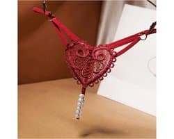 Navelketting Transparante Damesslipjes Zoete Onderbroeken Open Kruis T-rug Geborduurde Sexy Lingerie Sexy Kralen T-rug Damesondergoed Rode Taille (56-80cm)