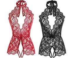 Lace Robe - Nachtkleding - 2 Stuks - Kerstkostuums - lingerie set - Robe with Lace - Ondergoed - Halloween kostuum - Sleepwear - Sexy Nightdress - Neglige - Loungewear - Sexy Nightdress - Zwart en burgundy - XL