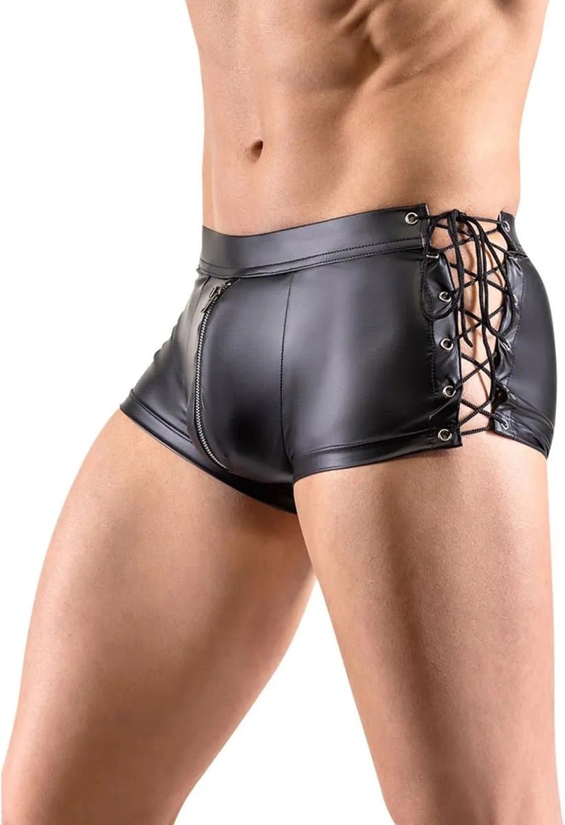 BDSM Lederen harnas korte short met open kruis functie - PU Leer - Latex look - Boxershort - Touw - Licht verstelbaar - Korte broek — afbeelding 1