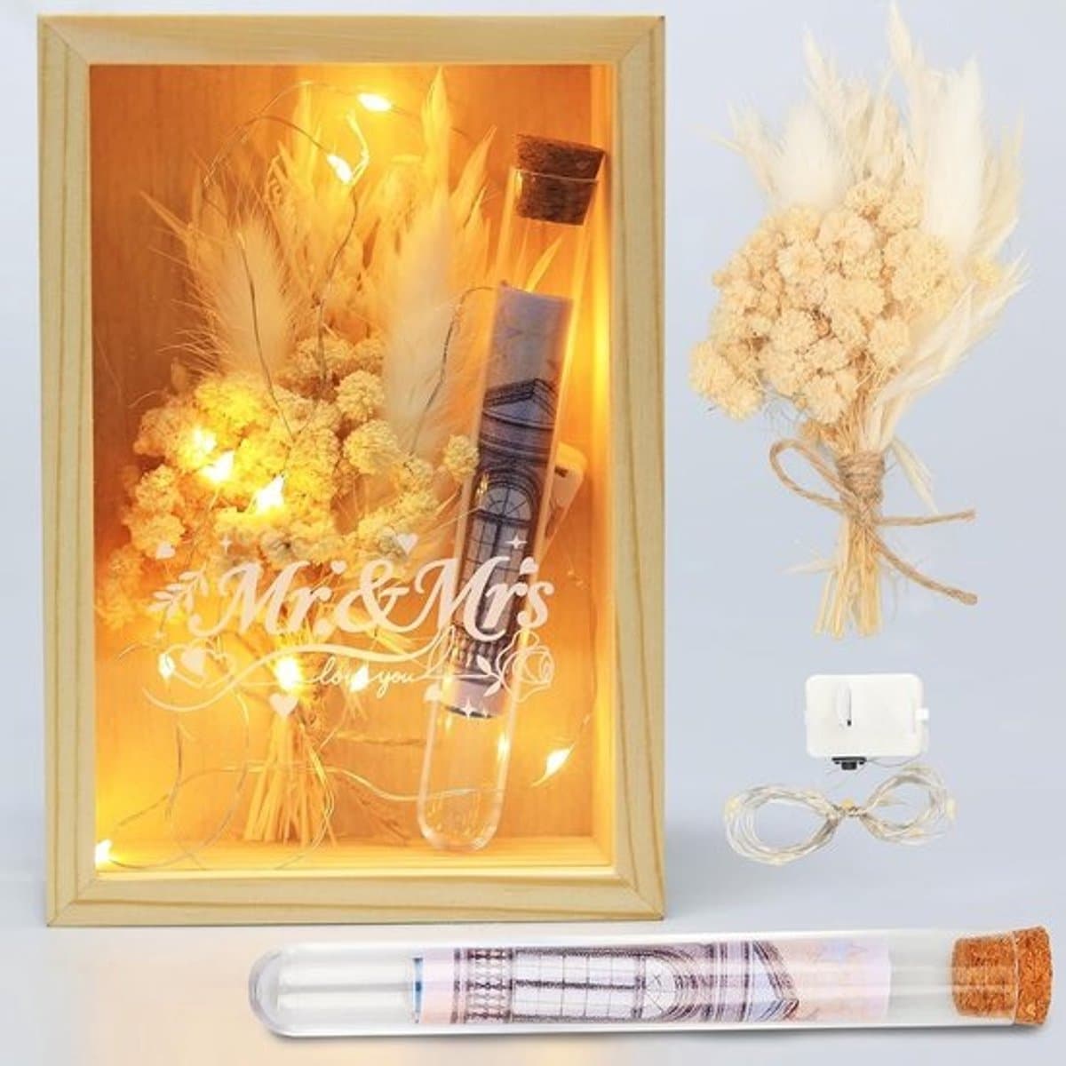 Premium geschenkdoos voor bruidspaar met natuurlijke materialen en led-lichtjes — afbeelding 1