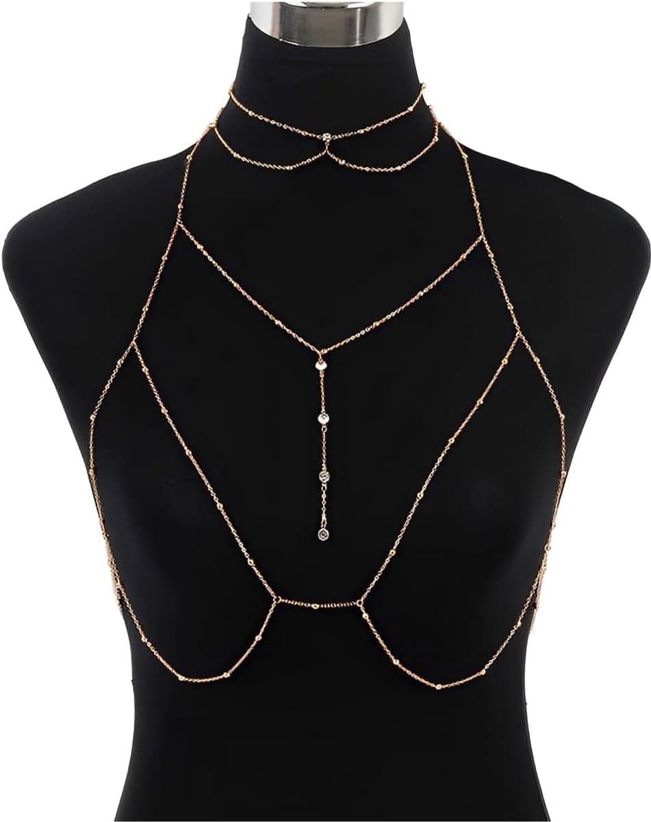 Bh Body Chain met halsketting, kristal lichaamsketting goud en zilver bikini ketting borstketting accessoires sexy kruis borstketting geschikt voor vrouwen voor feestjes en nachtclubs — afbeelding 1