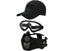 3 stuks tactisch airsoft masker, veiligheidsbril, baseball cap set, verstelbaar halfgelaatsmasker met gehoorbescherming, airsoft bril, oogbescherming, outdoor hoed voor airsoft/BB/CS spel