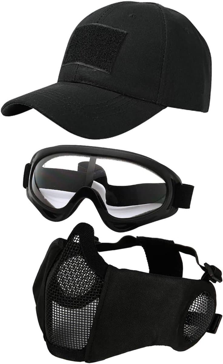 3 stuks tactisch airsoft masker, veiligheidsbril, baseball cap set, verstelbaar halfgelaatsmasker met gehoorbescherming, airsoft bril, oogbescherming, outdoor hoed voor airsoft/BB/CS spel — afbeelding 1