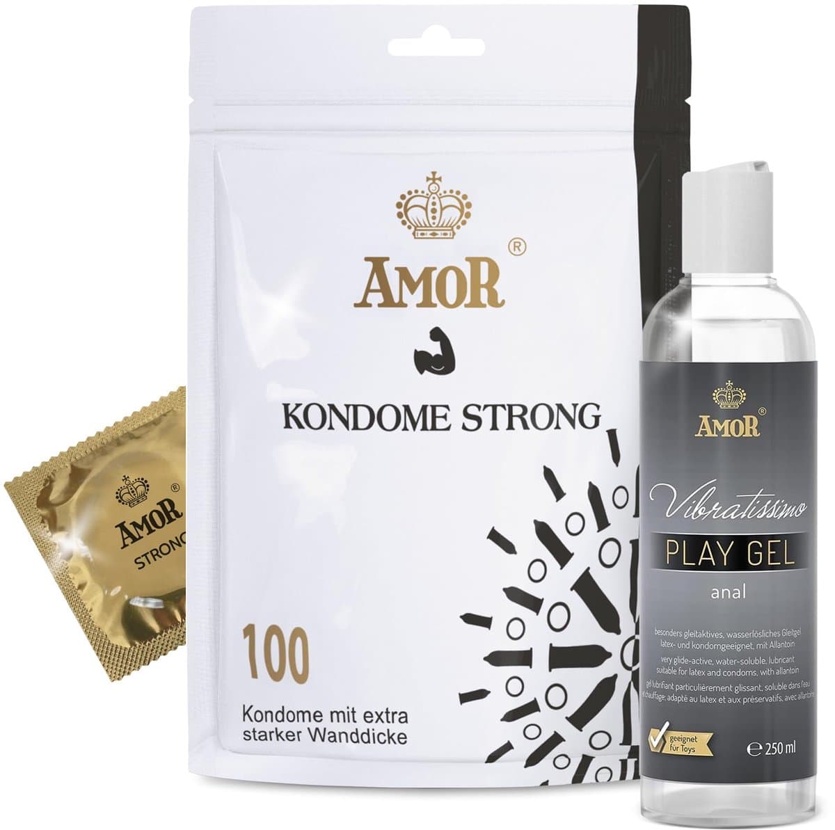 AMOR Premium condoom- en glijmiddelset - 100 condooms Strong 0.08 mm, Ø 53 mm + Vibratissimo Play Gel anal 250 ml — afbeelding 1