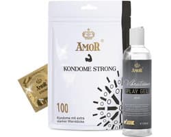AMOR Premium condoom- en glijmiddelset - 100 condooms Strong 0.08 mm, Ø 53 mm + Vibratissimo Play Gel anal 250 ml