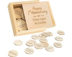 Houten Date Night Box met 52 Activiteiten voor 7 Jaar Huwelijksjubileum