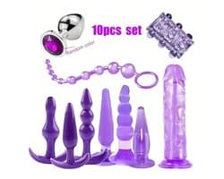 Oneay BDSM Beginnersset 10-delig – Siliconen Buttplug Set & Bondage Kit – Flexibele Pluggen, Huidvriendelijk, Spreider, Dildo, SM Accessoires voor Vrouwen & Koppels – Erotische Set Volwassenen – Paars
