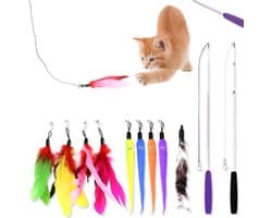 Speelhengel met veren, kattenstok, kattenspel met veren, interactief speelgoed, 2 grappige intrekbare kattenstokjes en 9 reserveveren teaser met bel, 11 stuks