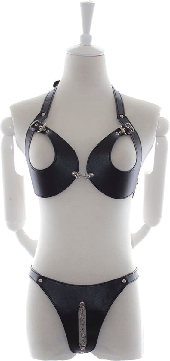 Fixxx - Fetish BH en Slipje met Open Kruis - Nr. 2 - PU-Leer - One Size - Zwart — afbeelding 1