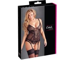 Cottelli Plus Size – Sexy Jarretel Set met Licht Transparante Motieven en Open Kruis – Maat XL – Zwart