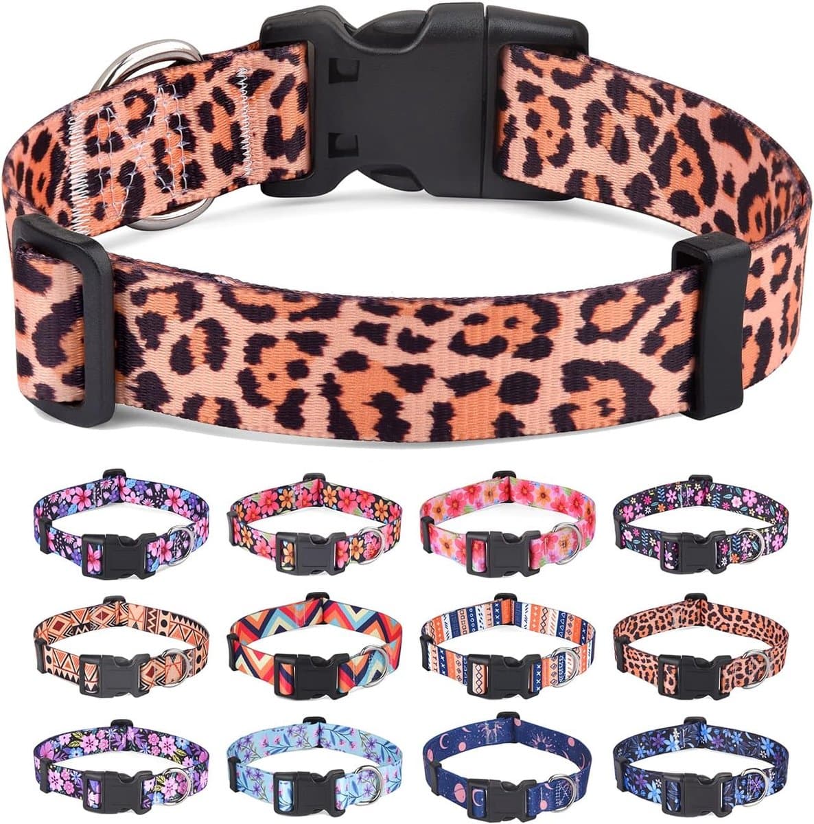 zacht en comfortabel nylon hondenhalsband, verstelbaar voor katten, puppy's, kleine, middelgrote en grote honden, met bloemenpatroon (luipaardpatroon, S) — afbeelding 1