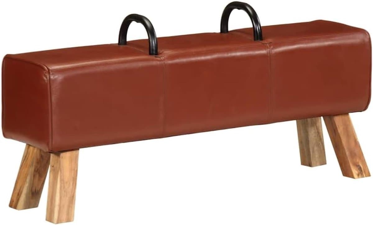 Turnbock-bank met acaciahouten bekleding, 110 cm lang, bruin en echt leer, bekleding voor robuuste training en comfortabele zitervaring, met massief houten frame en zacht — afbeelding 1