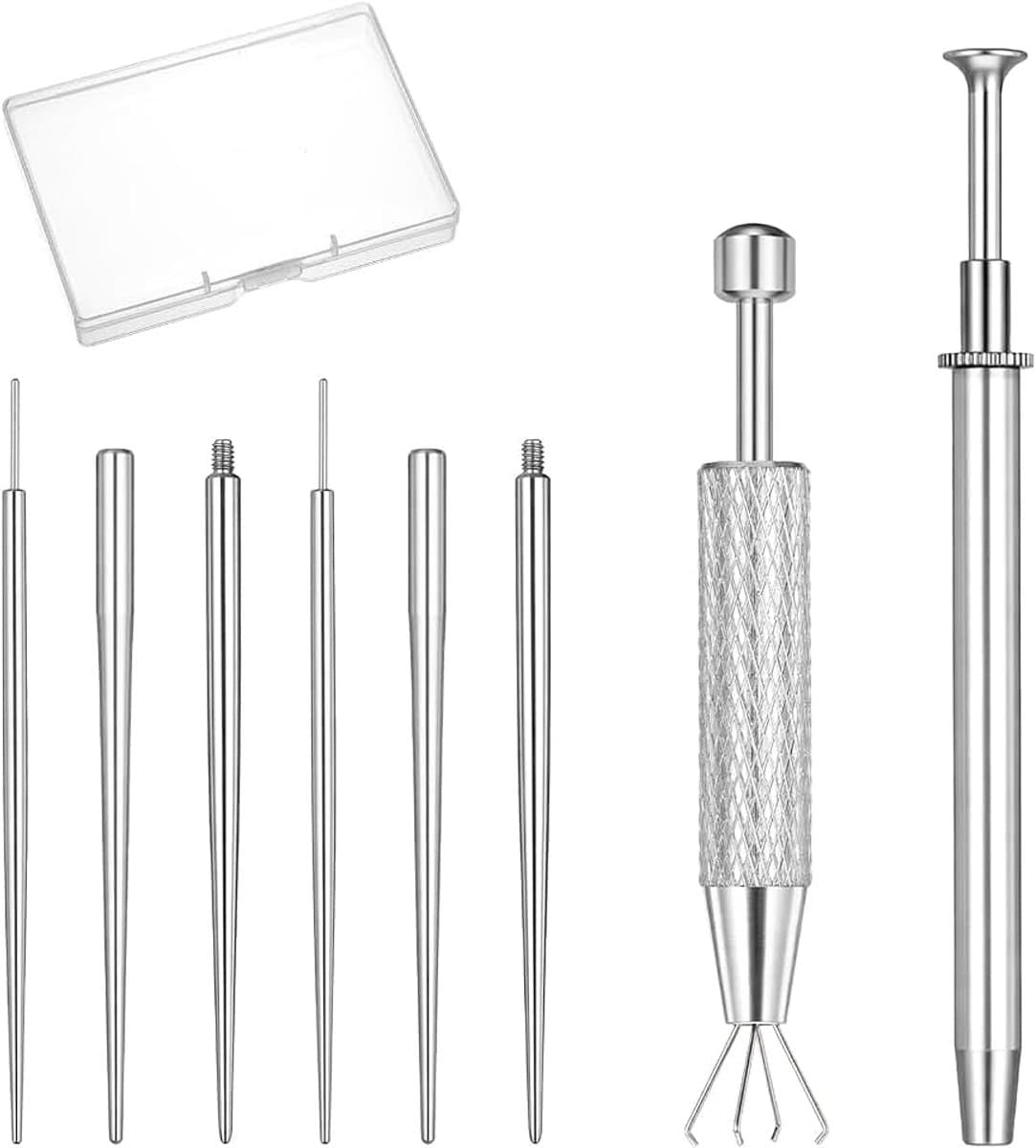 8 stuks piercing bal grijper en opener set met een opbergdoos, 16G buig/rechte piercing naalden, platte achterkant oorbel applicator tool, piercings taper, voor oren, neus, wenkbrauwen, navel — afbeelding 1