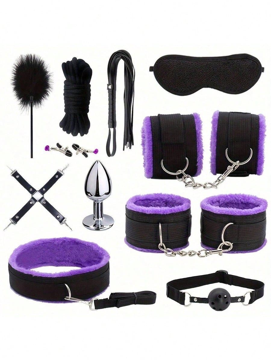 Oneay BDSM Extreme Bondage Set - 11 Delig -SM Handboeien - Zweep / Veer / Tepelklemmen - Sex Toys voor Koppels - Seksspeeltjes voor mannen en vrouwen - Sex Pakket en Toys - Paars — afbeelding 1