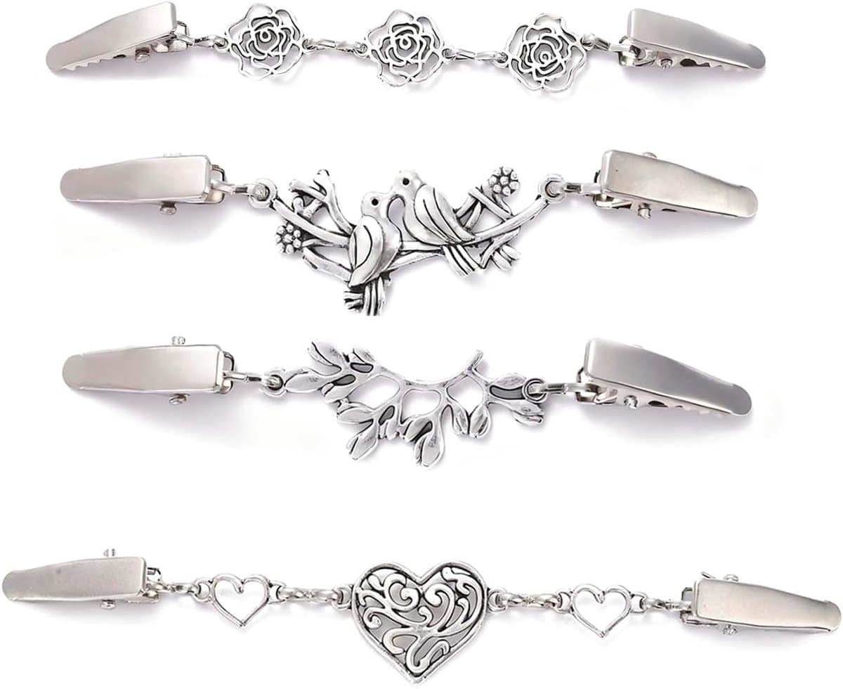 4 stuks cardigan-clips, 4 stijlen vintage cardiganclips, cinch-clip in verschillende lengtes, blouses, jurken, kraagsluiting, clips voor kleding, retro, elegante gebreide jas, accessoires — afbeelding 1