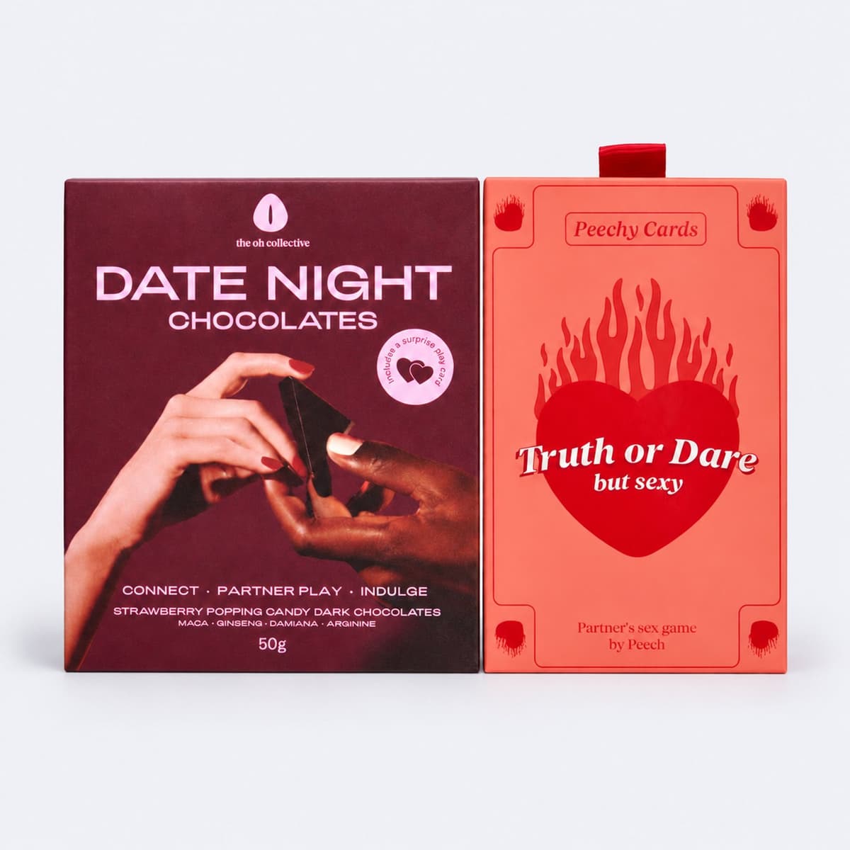 The Oh Collective Date Night Chocolate & Peechy Cards - Erotische cadeauset - truth or dare kaartspel + libido chocolade — afbeelding 1