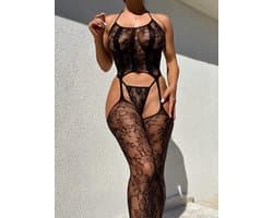 AMARANTA Bodystocking met open kruis, Zwarte Visnet Jarratel Catsuit met slip-Catsuit- One Size