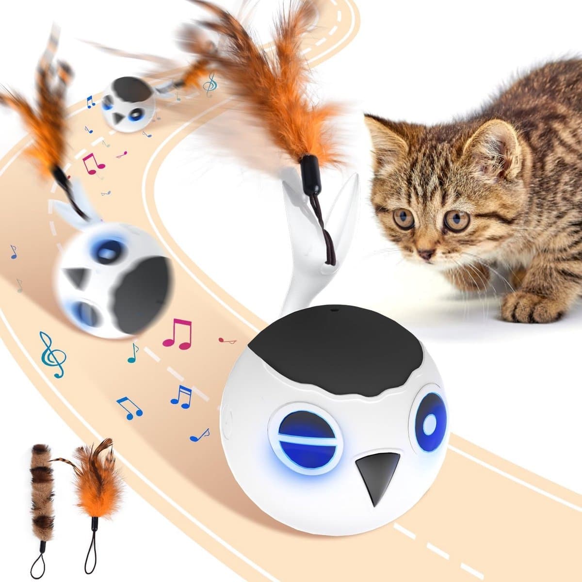 Kattenspeelgoed, interactieve kattenspeelgoedbal voor huiskatten, automatisch beweegbare bal, bewegingsgeactiveerd, snel beweegbaar, tinjilpend, stimulerend licht, 2 veerstaarten — afbeelding 1
