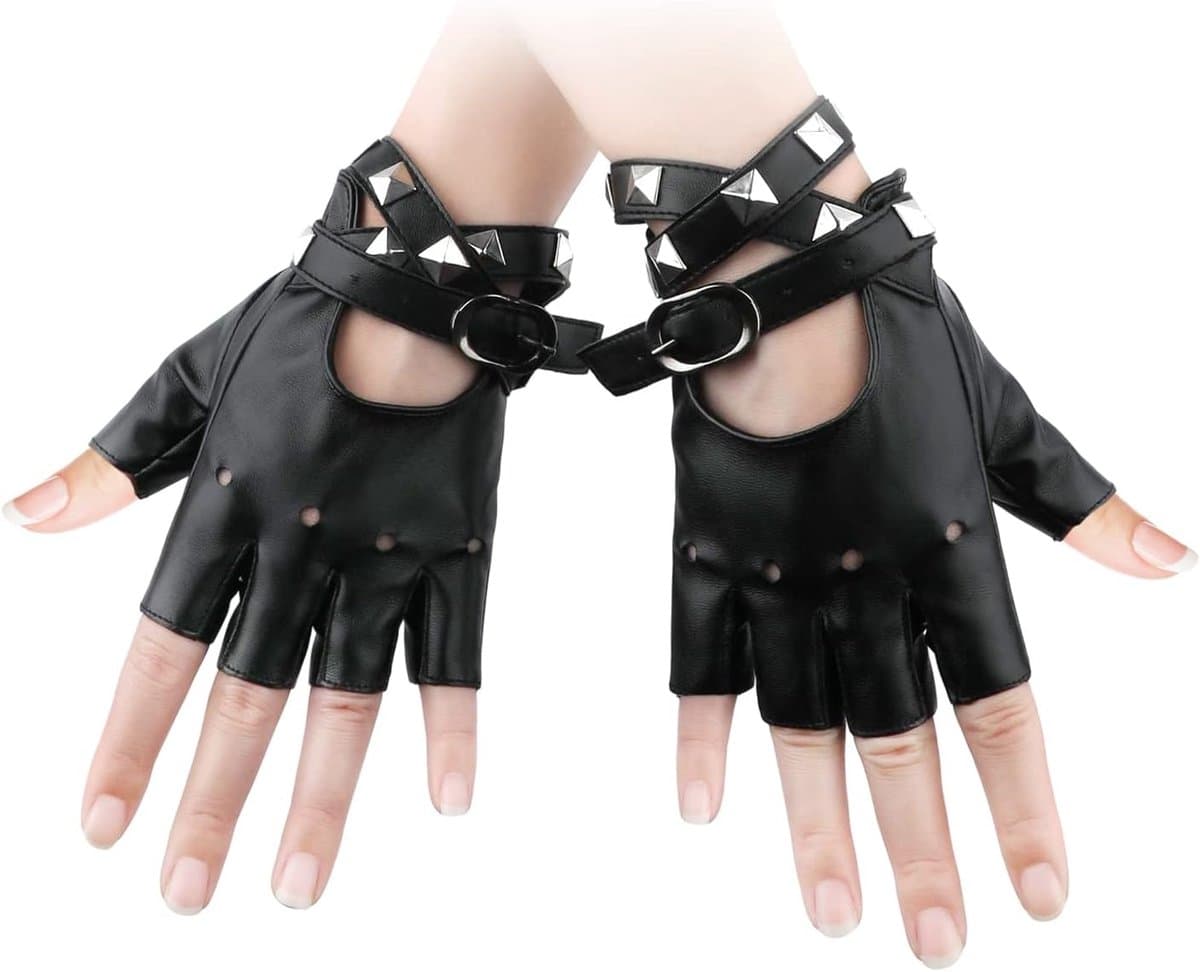 Handschoenen Leer Palm, PU Zacht Punk Handschoenen Vingerloze Handschoenen Leer Cosplay Zwarte Rocker Kostuum Accessoires met Spike-Armband voor Halloween Vrouw Tieners — afbeelding 1