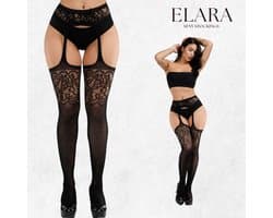 Elara Noir - Sexy Kousen met Vaste Jarretelgordel – Luxe Panty met Jarretelband – Kant & Mesh – Verleidelijke Dameskousen – One Size (S t/m XL) - 1103