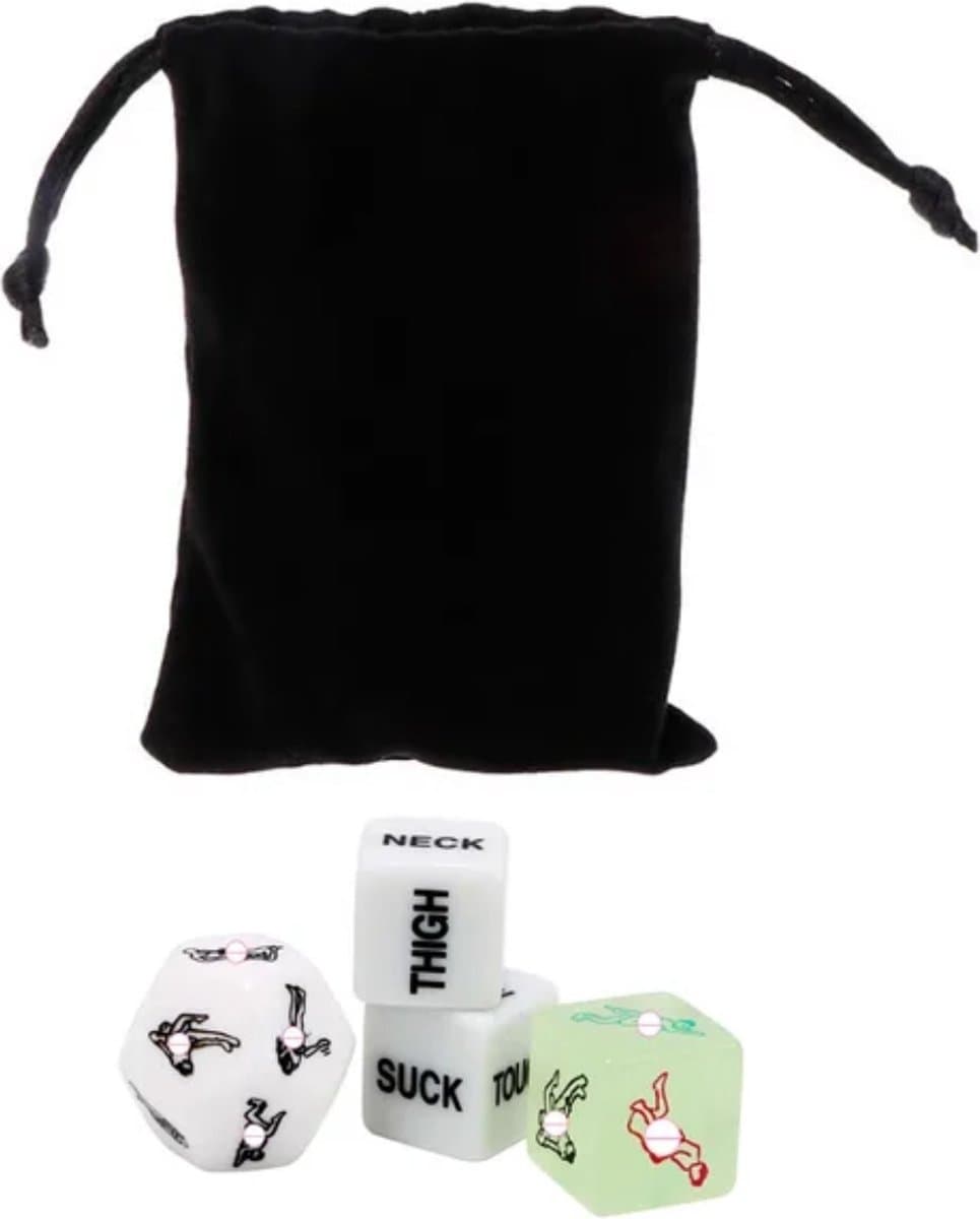 Erotisch dobbelspel met zakje - Sex dobbelstenen 4 stuks - Deluxe erotiek dobbelstenen - Pikant dobbelset - Sex dice - Voorspel set - Glow in the dark — afbeelding 1
