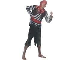 Sexy Piratenkostuum Mannen – Zwarte Broek, Gestreepte Blouse & Rode Hoofddoek – Maat L