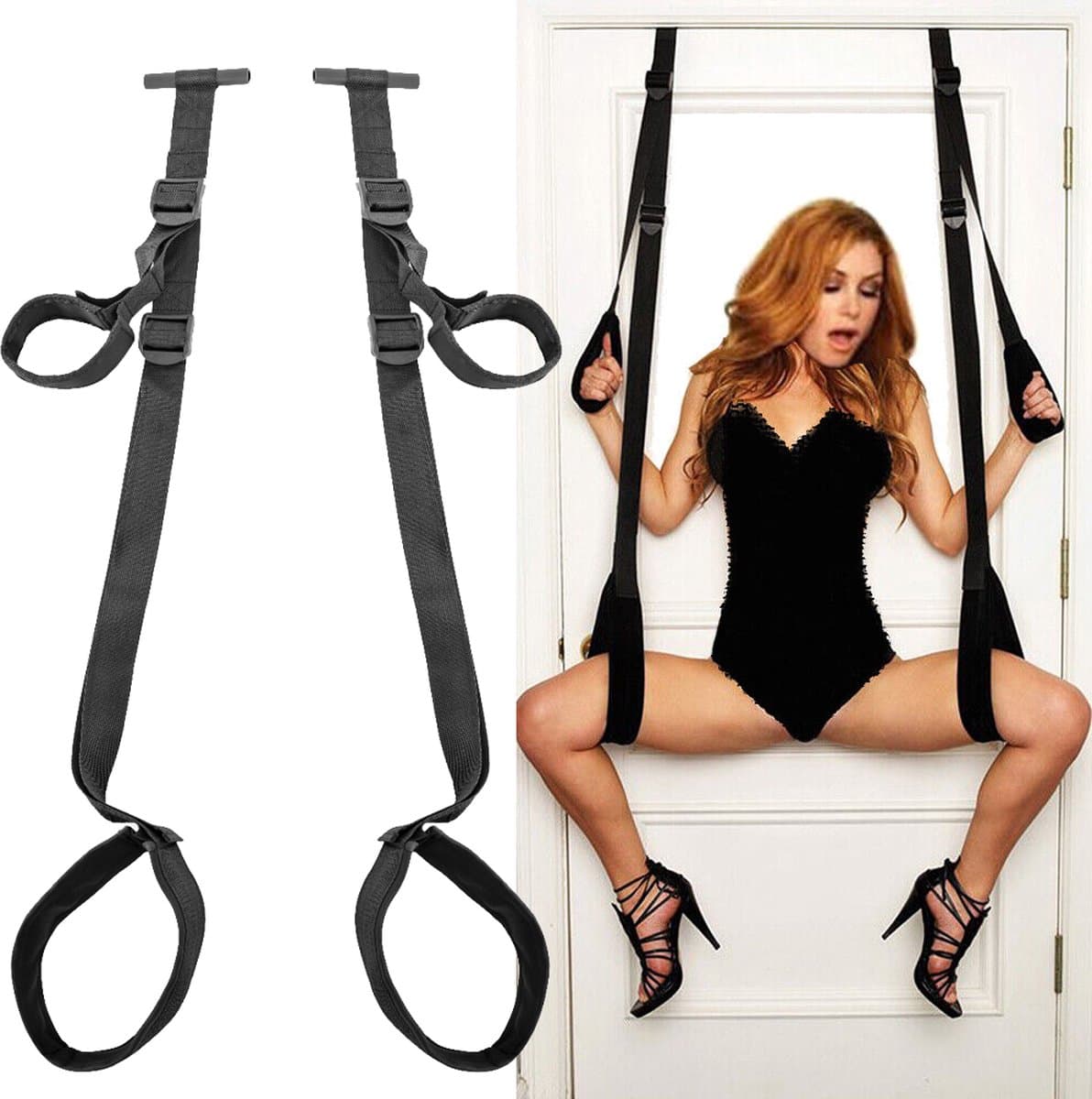 Door Swing - Deur Sexschommel - Verstelbare BDSM Deurboeien - Door Restraint Set - Handboeien en Beenboeien - Over the Door Wrist Cuffs - Deur Hanger Boeien - 4 verstelbare bevestigingen, 2 handboeien en 2 beenboeien + Gratis Blinddoek! — afbeelding 1