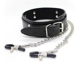 Bdsm Collar met tepelklemmen Bondage - Erotiek - Slave - Tepelklemmen - Lederen Ketting