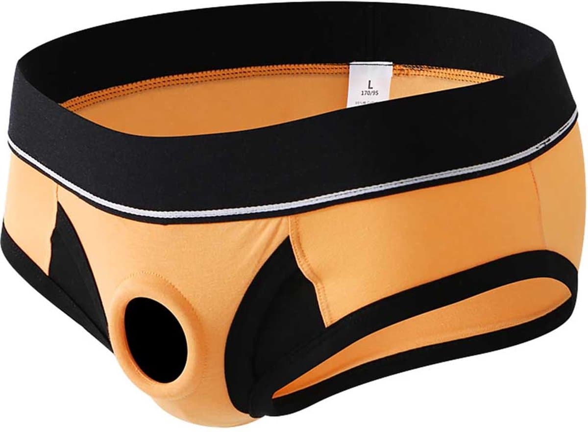 Oranje strakke heren slip met penis gat - BDSM ondergoed mannen - Korte string - Rollenspel - Erotiek - Zeer goede dikke kwaliteit polyester — afbeelding 1