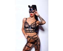 Sexy Lingerieset – Complete Set – Inclusief Masker, Handboeien & Harnas Body – Zwart – Verstelbaar – BDSM – Fetish Lingerie – PU Leer – B.I.T.C.H. – Wasteland – Sexy Lingerie – Kinky Lingerie – Erotische Lingerie – Dare to Undress – One Size