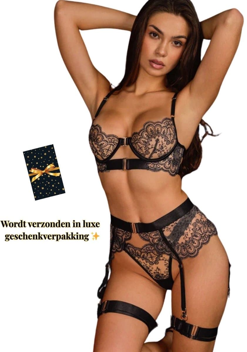 Luxe Lingerieset Dames – Lingerie Erotisch – Sexy Lingerie – 4-delige set – Zwart Kant – Lingerie Setje – Verleidelijke BH met Jarretels & Hoge Taille String – Sexy Lingerie – Chique – Luxe –Boudoir Look – Kinky – Erotisch – Maat XS/S, M, L, XL — afbeelding 1