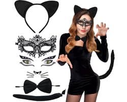 Complete Kattenkostuum Set voor Dames met Oren, Staart en Kant Masker